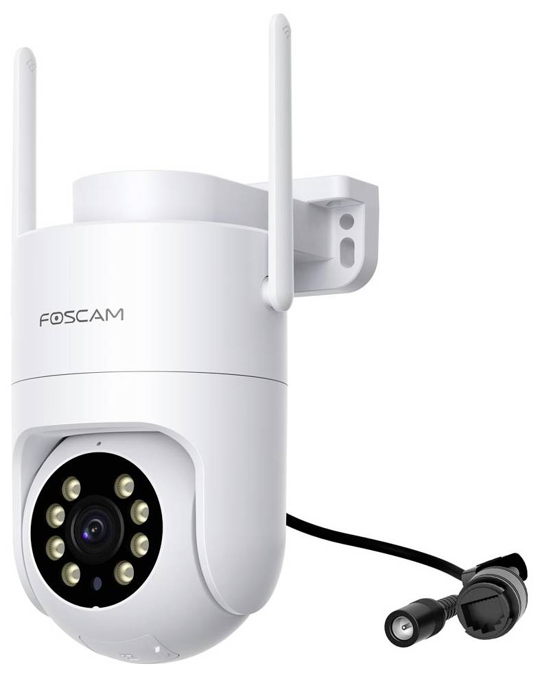 A white security camera with antennas, marked 'Foscam,' is mounted on a bracket, displaying a lens surrounded by eight infrared sensors.