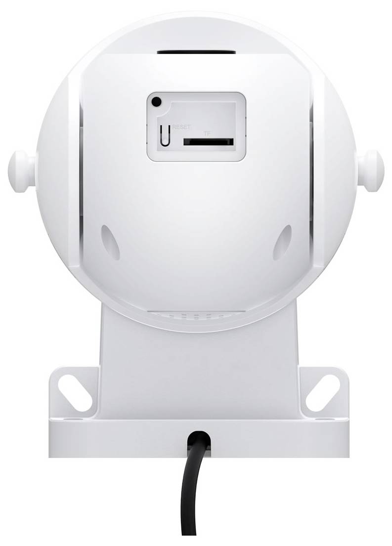 A white wall-mounted dome camera with a visible SD card slot and a cable at the bottom.