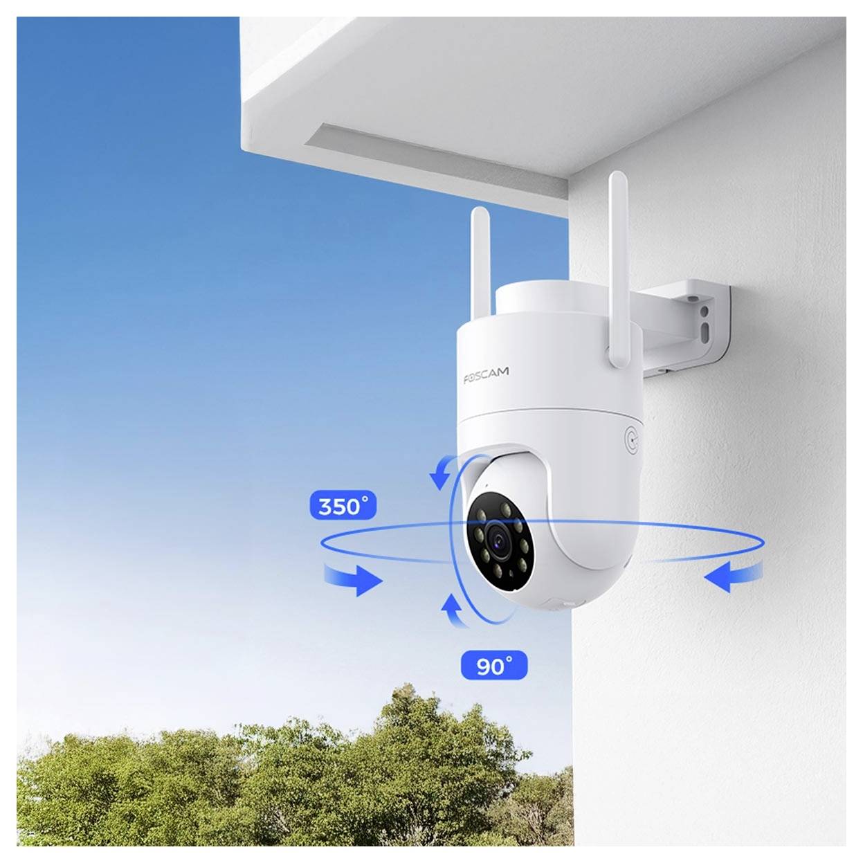 A white security camera mounted outdoors, capable of 350-degree rotation and 90-degree tilt, with blue sky and trees in the background.