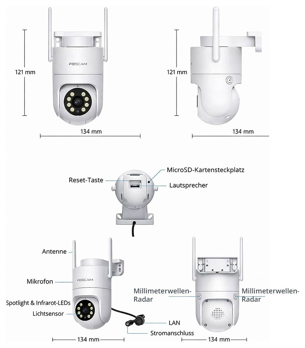 Surveillance camera with antenna, microphone, speaker, SD card slot, LED lights, LAN and power connection, reset button.