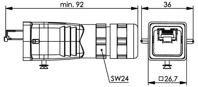 Technical drawing of a rectangular connector assembly with dimensions labeled min. 92, 36, and 26,7, and a part marked SW24.