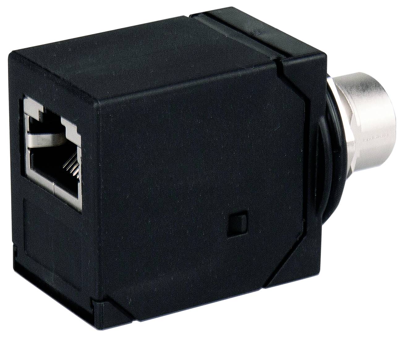 Black Ethernet network jack adapter with a metal connector on one end, shown isolated on white background.
