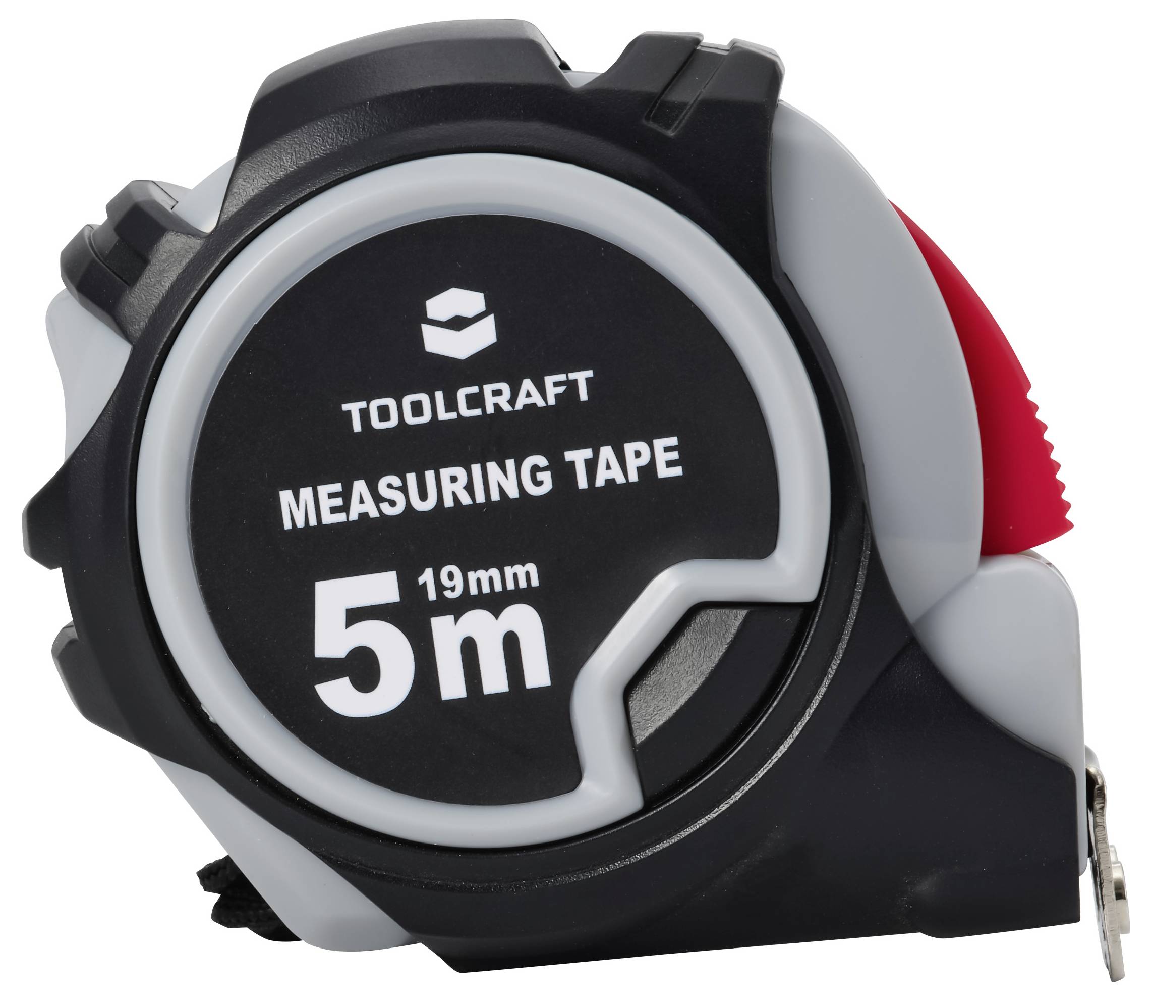 Close-up of a black and gray Toolcraft measuring tape labeled '5 m' and '19 mm' with a red lock button.
