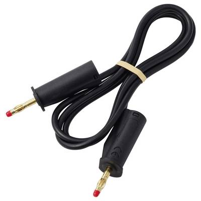 Black audio cable with gold-plated 3.5 mm male connectors on both ends, coiled and secured with a tan band on a white background.