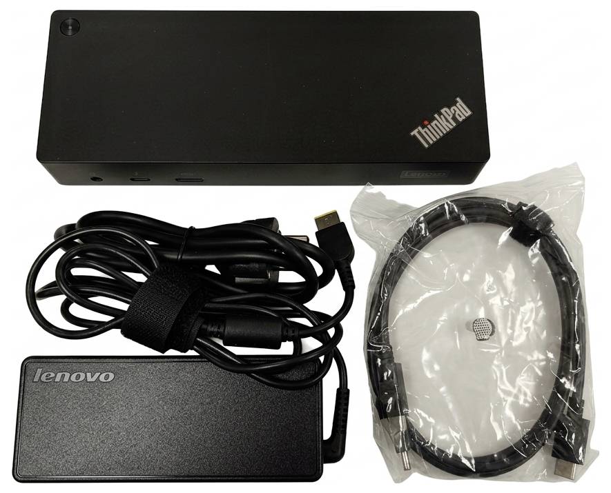 'Lenovo ThinkPad docking station with power adapter and HDMI cable, placed on white background. Essential for connecting peripherals.'