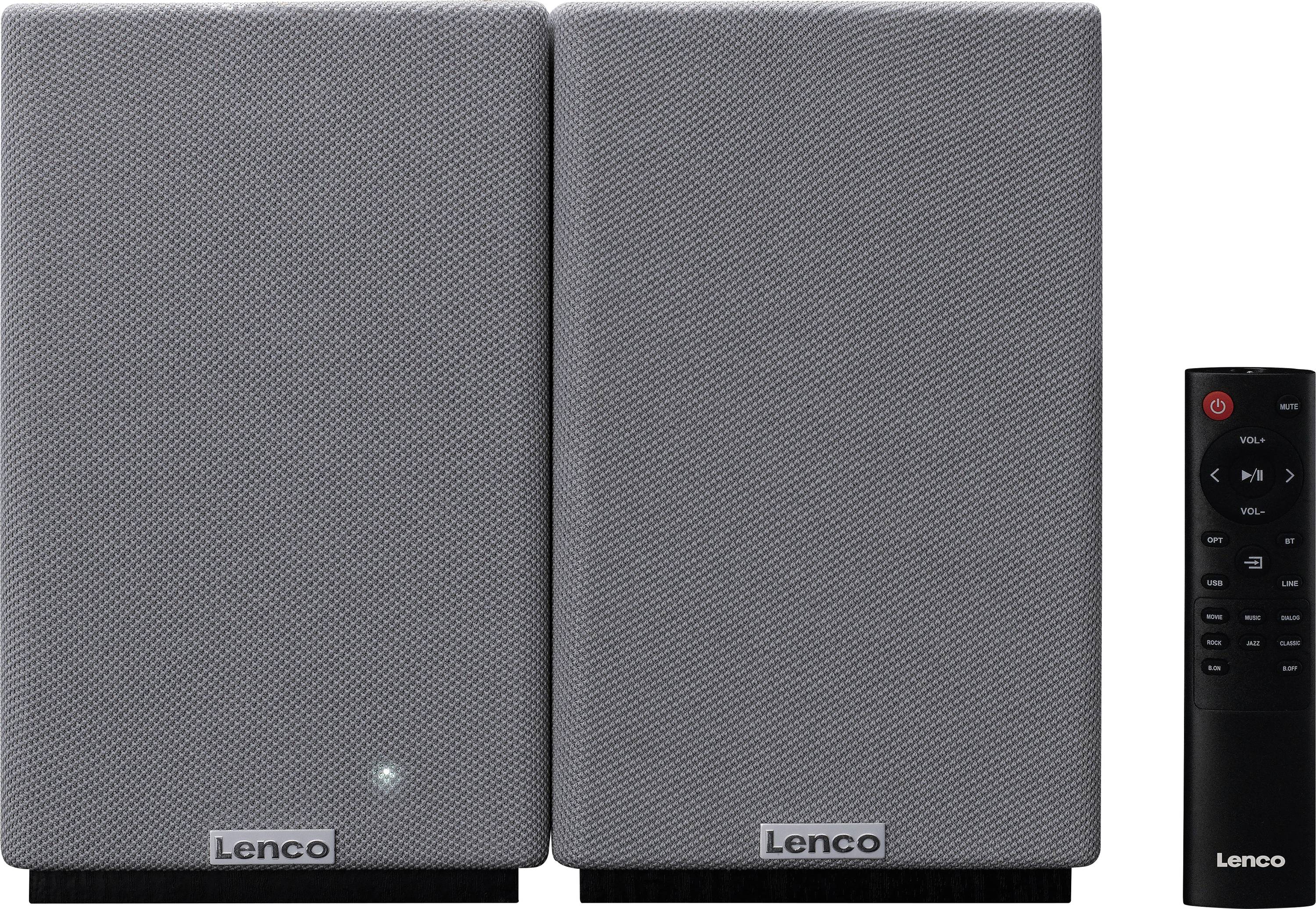 Two gray Lenco speakers with a front LED light on one, and a black remote control with buttons for power, volume, and playback.