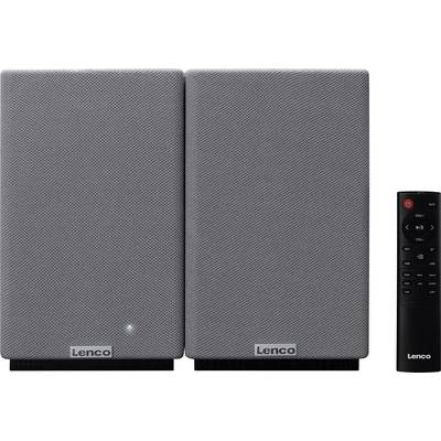 Two gray Lenco speakers with a front LED light on one, and a black remote control with buttons for power, volume, and playback.