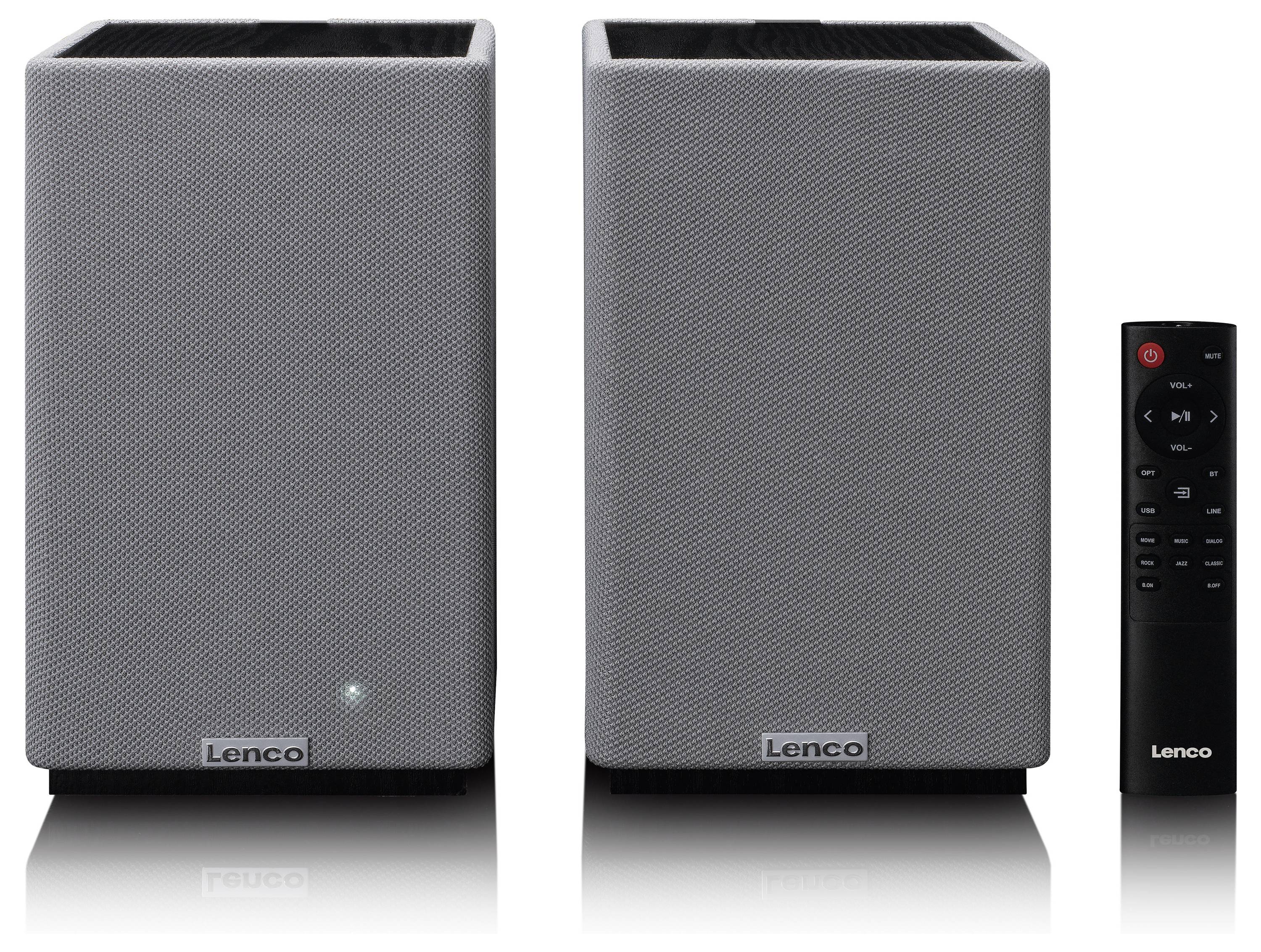 'Pair of gray Lenco speakers with a remote control'