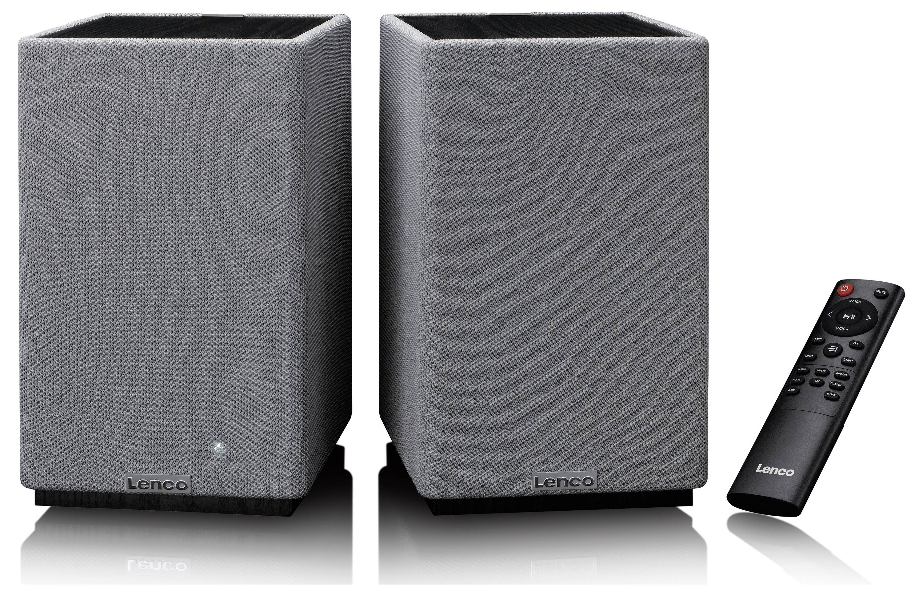 Speakers with a mesh design next to a remote control, branded 'Lenco'.