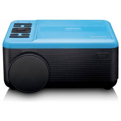 A blue and black compact projector with control buttons on top and a focus dial on the front, designed for portable media presentations.