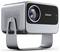 A silver Lenco projector with a prominent lens and perforated side for ventilation, resting on a stand, designed for home use.