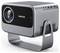 A sleek, modern projector with a large lens and a metallic body, featuring USB ports on top and a sturdy, adjustable stand.