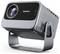 A sleek, modern projector with a gray finish, labeled 'Lenco', featuring a prominent lens aimed slightly upward, mounted on a metal stand.
