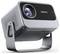 A gray Lenco projector with a lens and a perforated side for ventilation is mounted on an adjustable metallic stand.