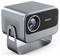 A silver Lenco video projector with a large lens sits on a curved stand, designed for home entertainment.
