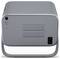 A gray electronic device with a power button and vent slots is shown from the back. There's a power cable port on the lower right.