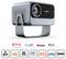 A compact projector with a lens is mounted on a metal bracket. Below are logos for Netflix, Prime Video, YouTube, and Dolby Audio.