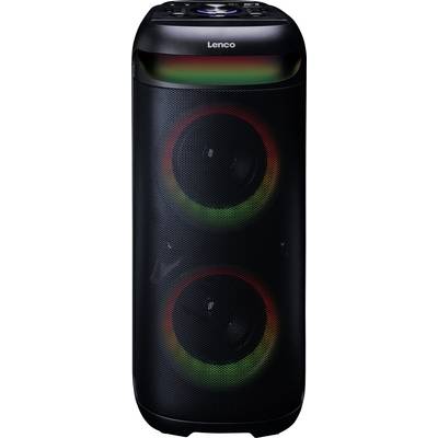 A black cylindrical speaker with two visible circular drivers, featuring LED lights that glow in red and green around the edges.