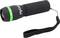 Black HyCell flashlight with green ring and wrist strap on a white background.