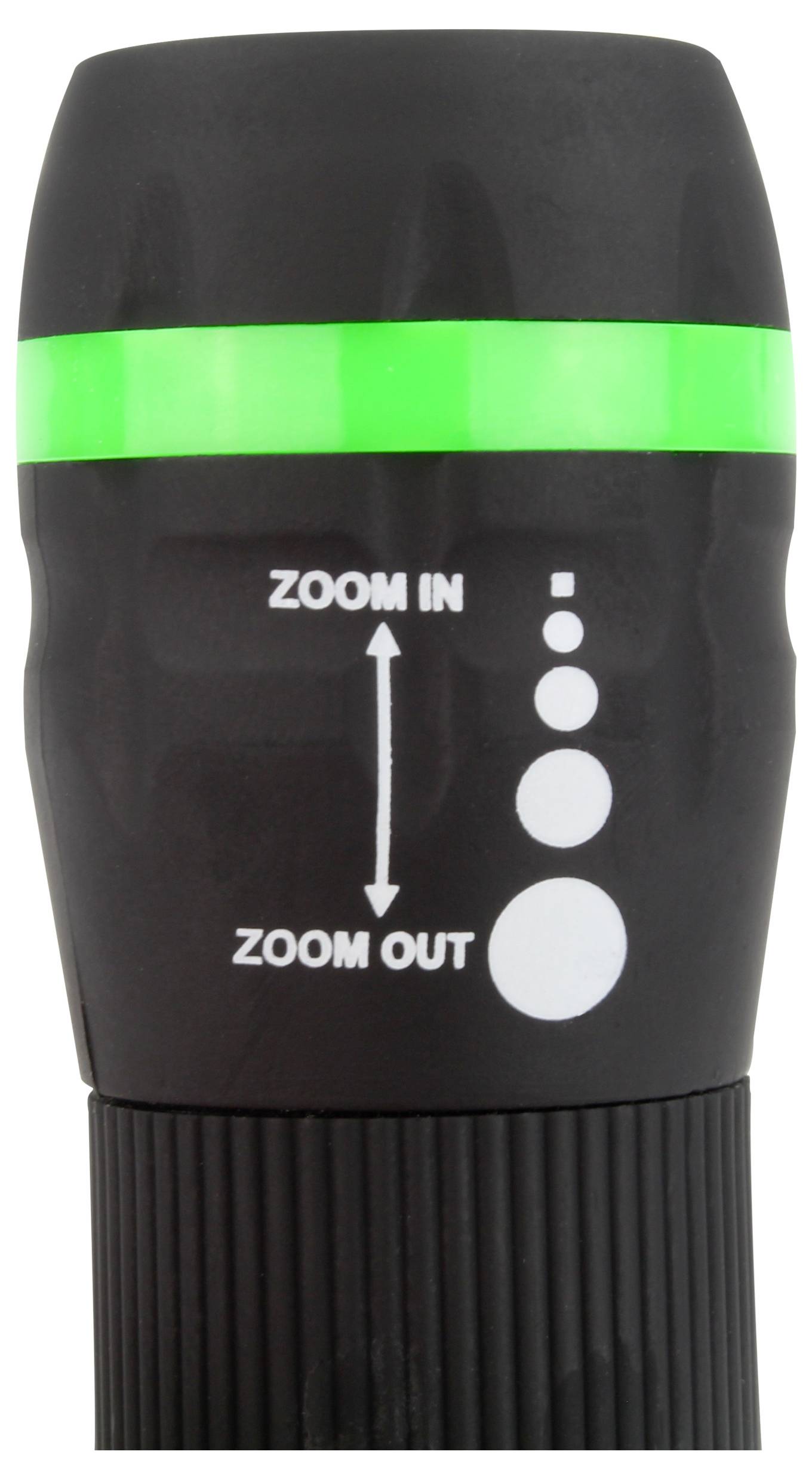 Close-up of a flashlight head with a green zoom ring and printed 'ZOOM IN' and 'ZOOM OUT' indicators showing adjustable beam focus.