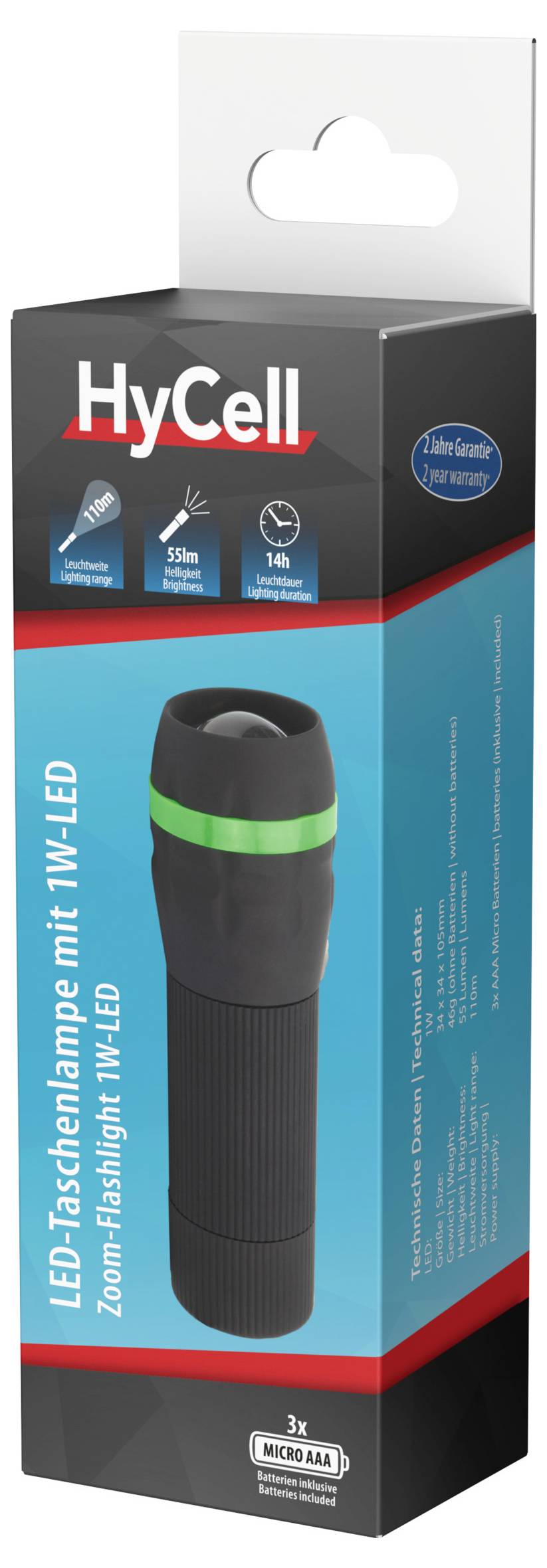 HyCell LED flashlight package, showing a black zoom-flashing MT1-LED torch with green ring and 3x Micro AAA battery requirement.