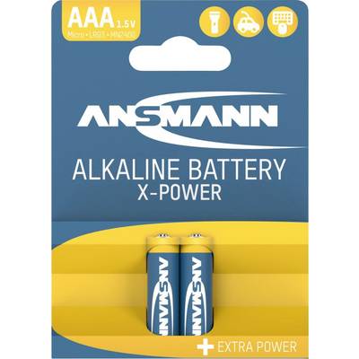 Package of ANSMANN AAA 1.5V alkaline batteries, shown with two batteries and 'EXTRA POWER' branding.