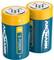 Two blue and yellow Wansamni D X-Power batteries standing upright, showing positive and negative terminals.
