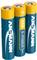 Three AA ANSMANN X-POWER batteries standing upright, showing positive terminal tops and brand labels.