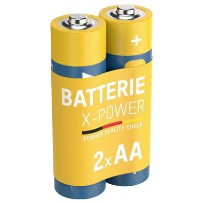 Two AA batteries in yellow and blue packaging labeled 'BATTERIE X-POWER' and '2xAA', with a plus symbol visible on the top battery.<br>
