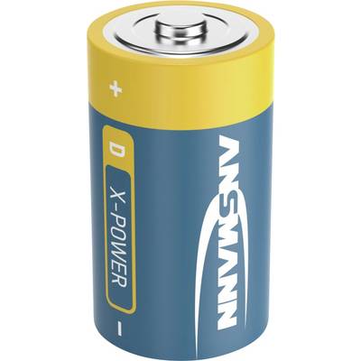 A single blue-and-yellow ANSMANN D X-POWER battery with plus and minus terminals visible.<br>