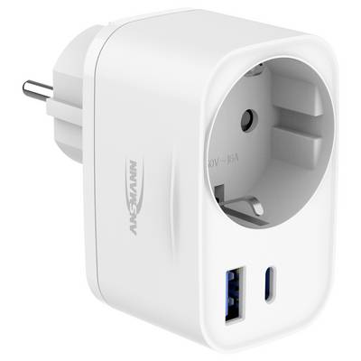 White plug-in power adapter with grounded outlet passthrough and two USB charging ports, shown on a white background.