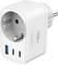 White plug-in power adapter with Schuko outlet and USB-A plus USB-C charging ports.