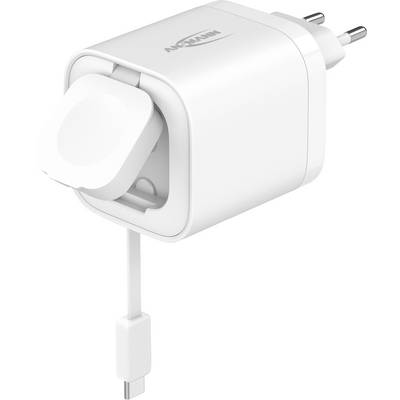 White USB wall charger with two-prong plug and attached cable, shown isolated on a plain background.
