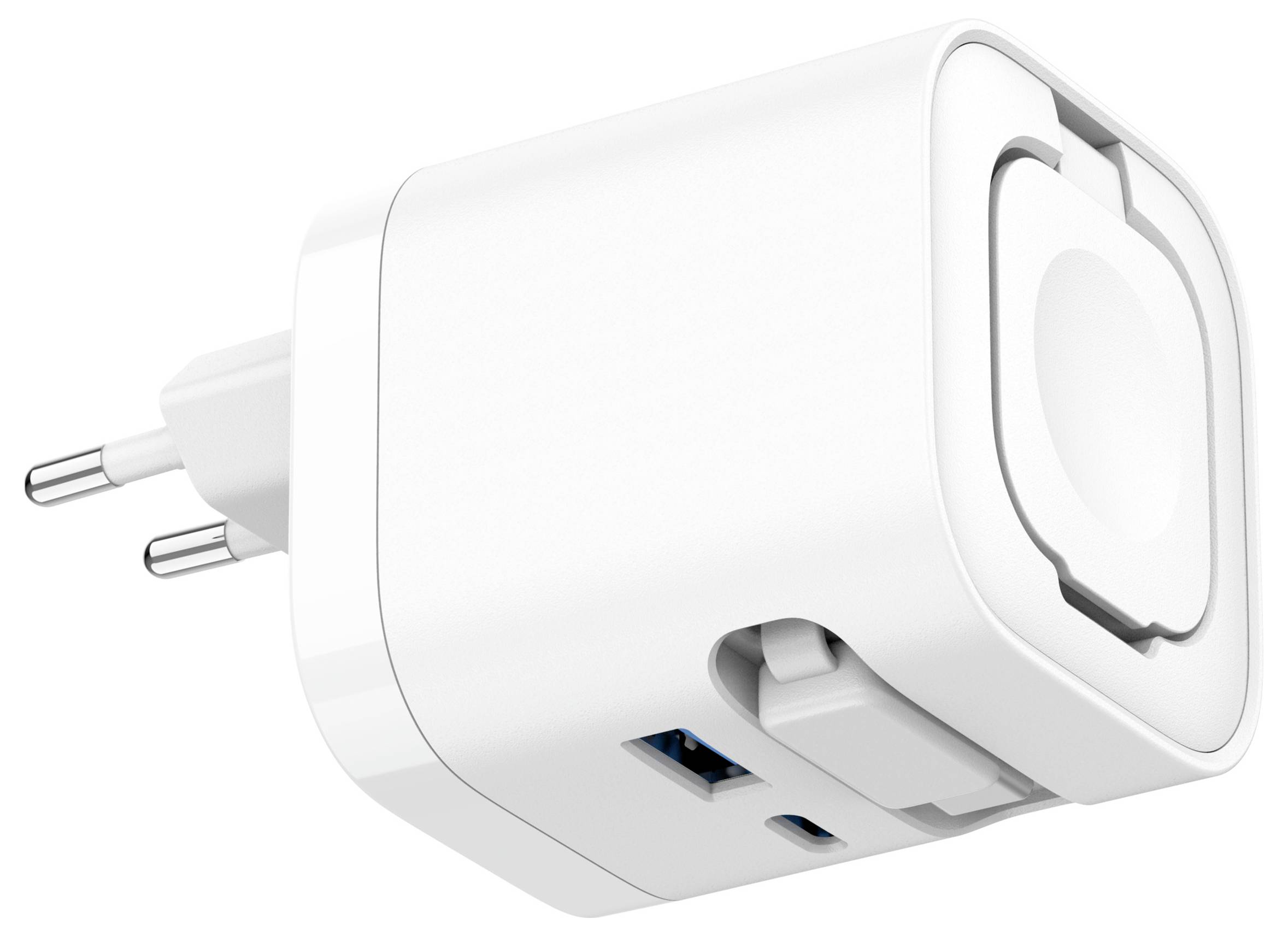 White plug-in power adapter with two prongs and USB ports, shown on a plain background.