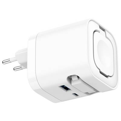 White plug-in power adapter with two prongs and USB ports, shown on a plain background.