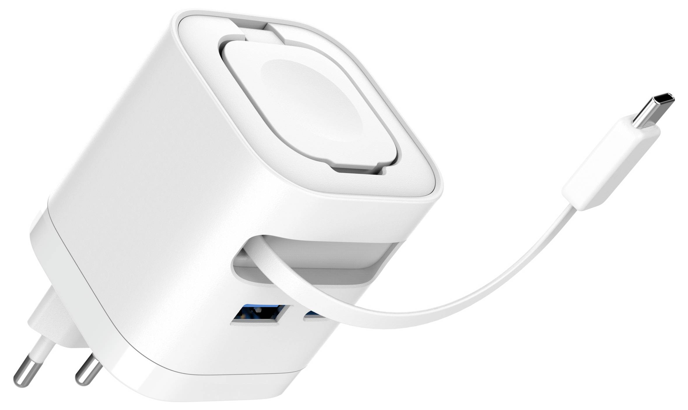 White USB wall charger with detachable USB-C cable and foldable plug on a white background.