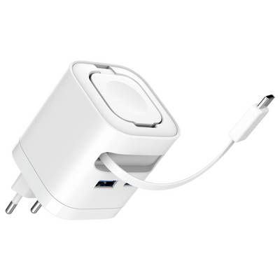 White USB wall charger with detachable USB-C cable and foldable plug on a white background.
