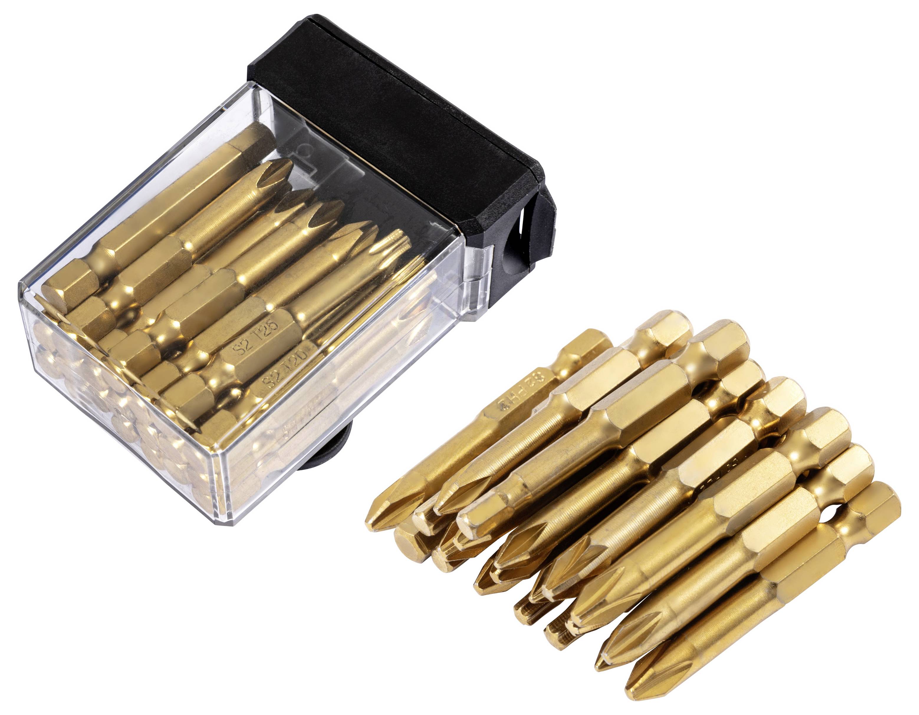 Assorted gold-colored screwdriver bits in a clear plastic storage case, with a separate pile of bits beside it.