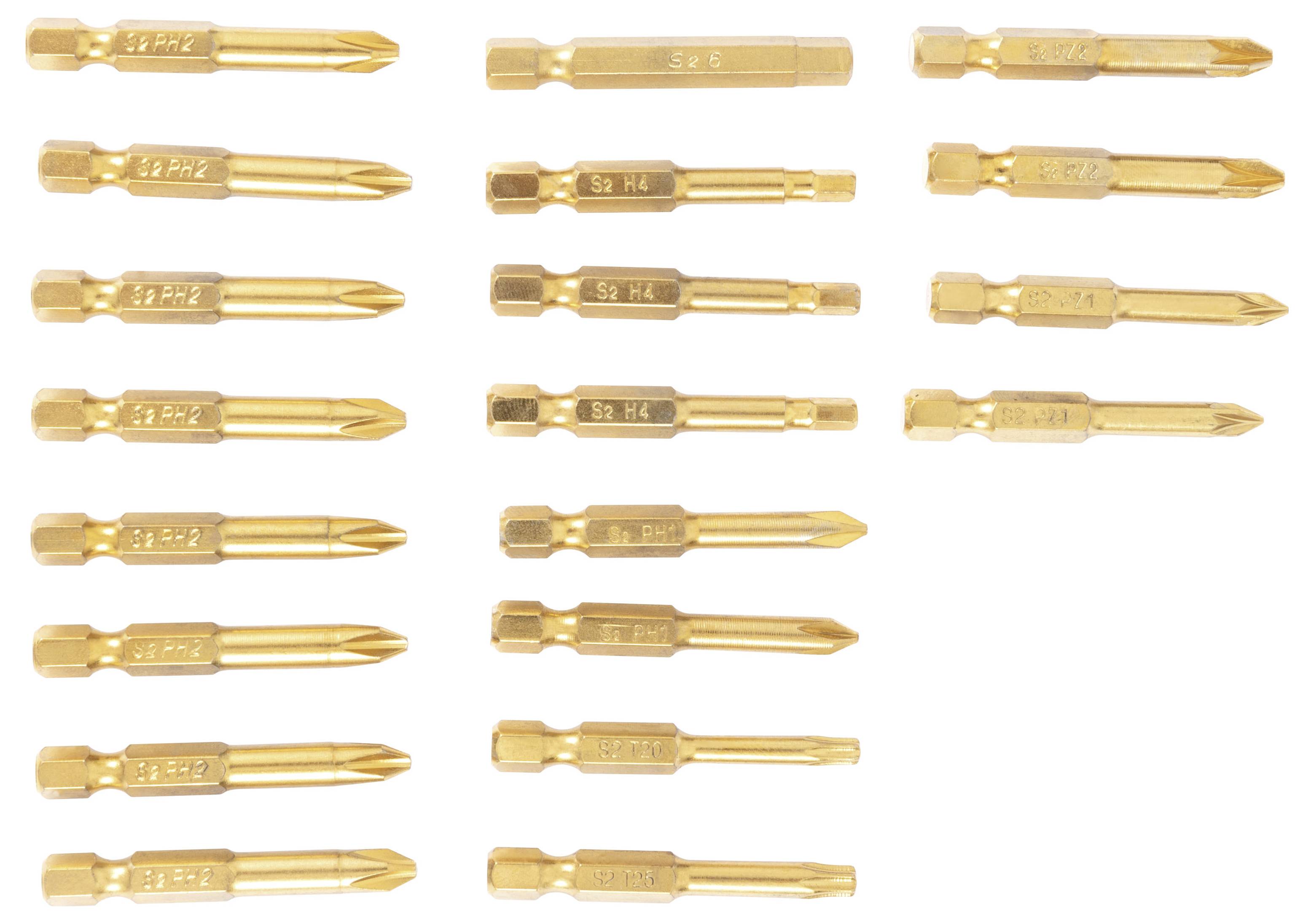 Assorted gold-colored screwdriver bits arranged in three vertical columns on a white background.