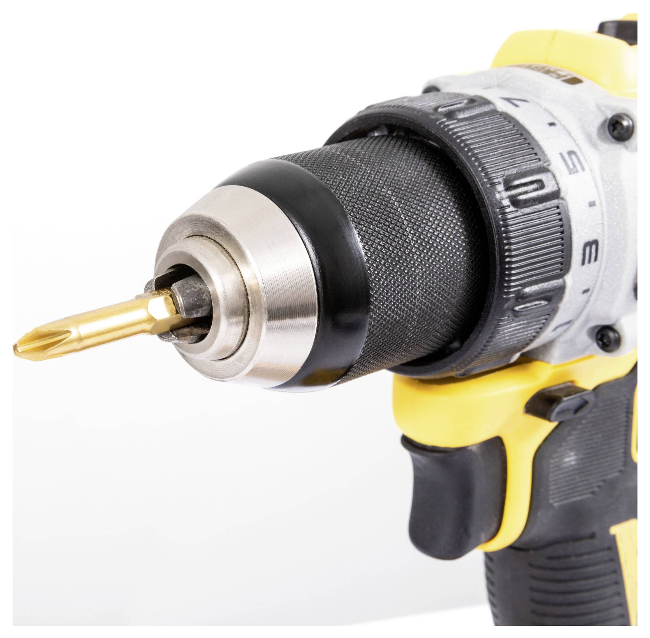 Close-up of a cordless power drill with a gold drill bit against a white background.
