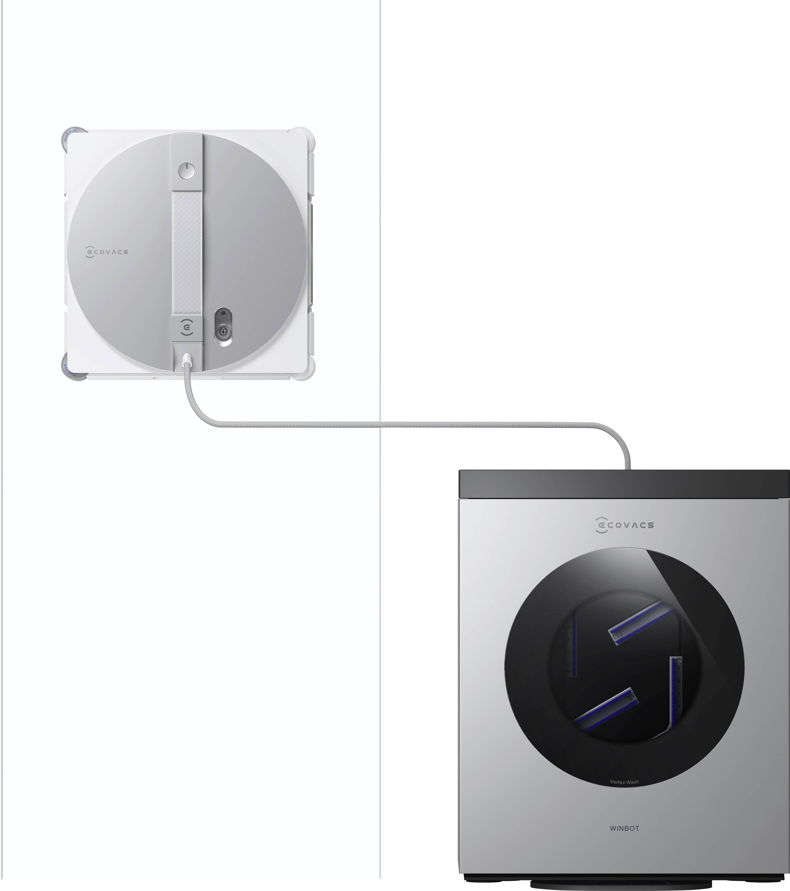 A robotic window cleaner attached to a window with a cable leading to a control unit on the floor.