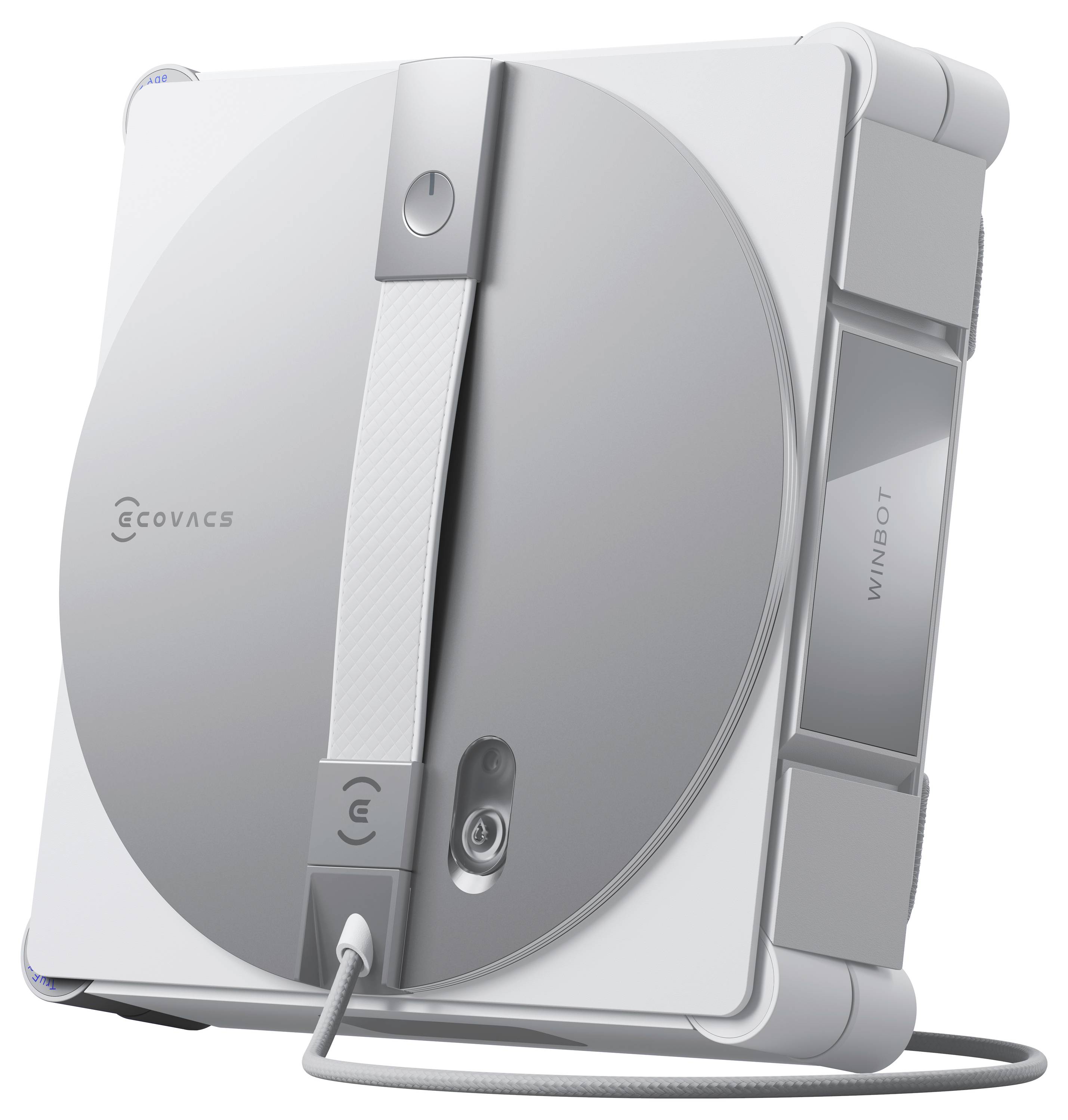 'Ecovacs Winbot glass cleaning robot with a modern design and attached cable for easy window cleaning.'