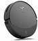 A sleek, black robotic vacuum cleaner with a circular design, featuring a minimalistic interface on its top surface.