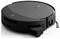 A black robotic vacuum cleaner with a sleek, round design, featuring buttons on top and a compartment for collecting dust and debris.