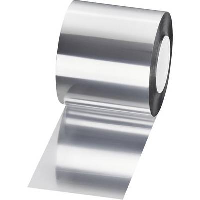 A roll of reflective metallic foil unspooling onto a flat sheet.
