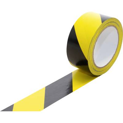 Roll of black-and-yellow hazard warning tape with a strip unspooled on a white background.<br>