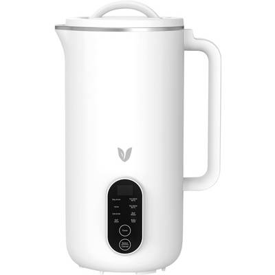 A white electric soy milk maker with a handle, digital control panel, and a leaf logo, designed for home use.