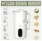 Vegan drink maker infographic displaying: filling instructions, mixing, filtering, and drinking steps. Ingredients include cashews, oats, almonds.