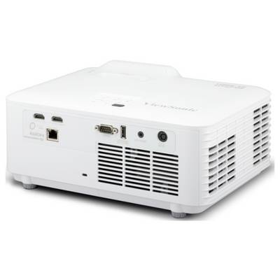 A white, rectangular projector with multiple ports including HDMI, USB, and Ethernet on its side, designed for video presentations.
