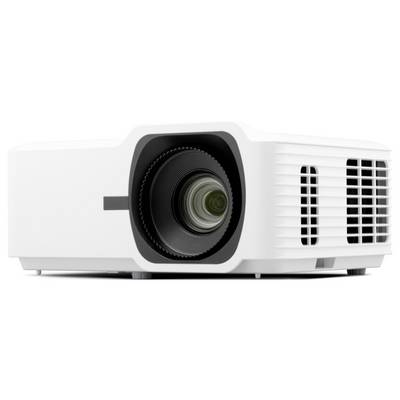 A white projector with a large lens is shown, angled slightly to the side. The side features multiple ventilation slats.
